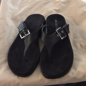 Sandals. Silver buckle, slip-in’s.  Gently used.